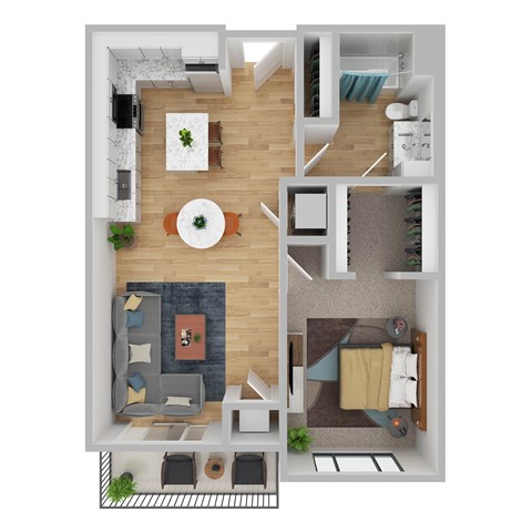 Floor plan for 1 bed, 1 bath, 742 sqft